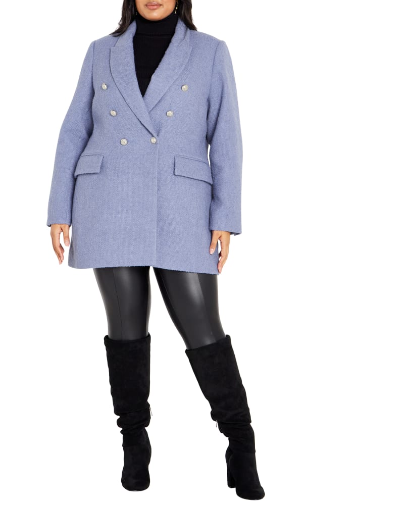 Front of a model wearing a size 24 Renaissance Jacket in Country Blue by Arna York. | dia_product_style_image_id:323571
